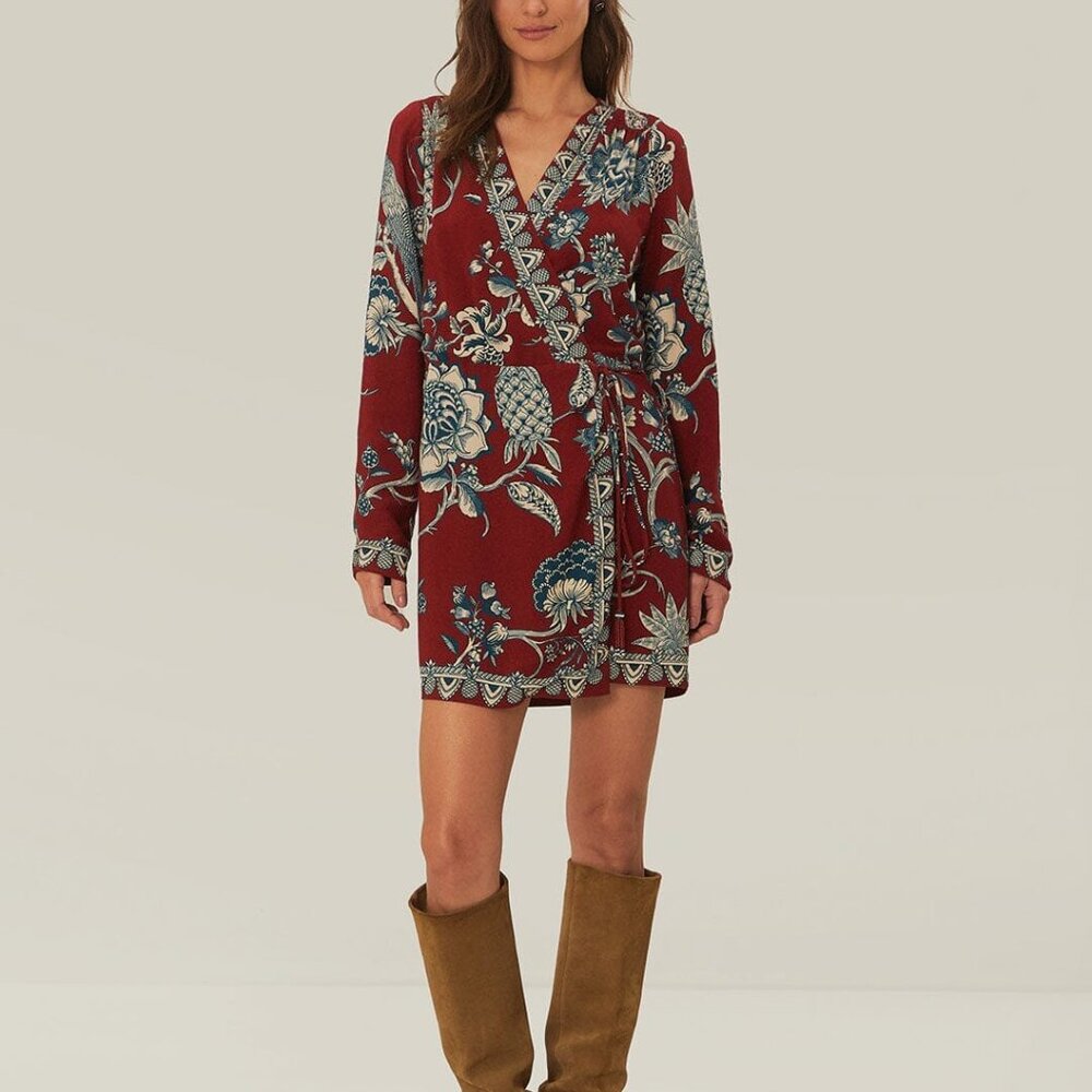 Farm Rio Red Tropical Landing Wrap Mini Dress Size L